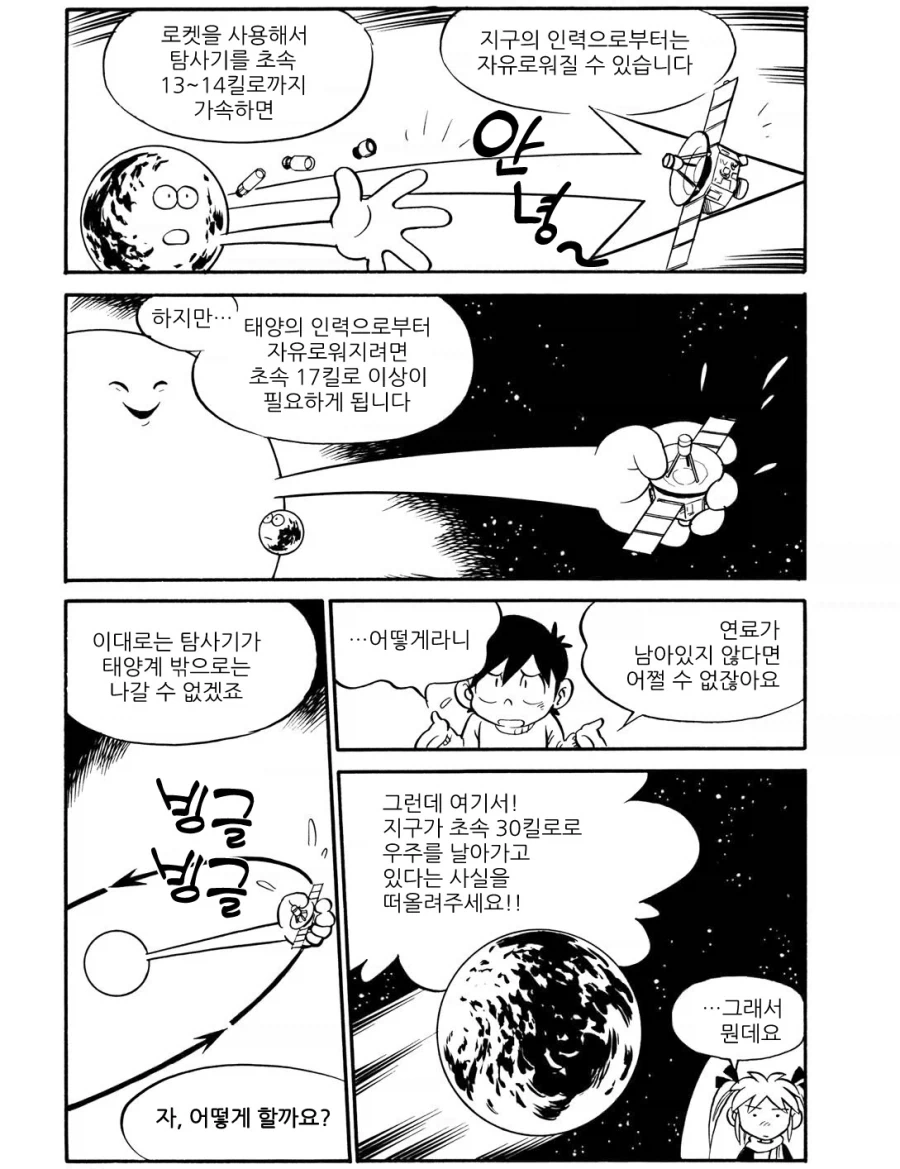 우주로 나아가기 위한 스윙바이(중력슬링샷)을 간단히 설명해주는 만화.manhwa_2.webp